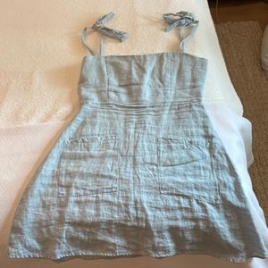 Reformation Light Blue Linen Mini Dress with Adjustable Tie Straps and Pockets